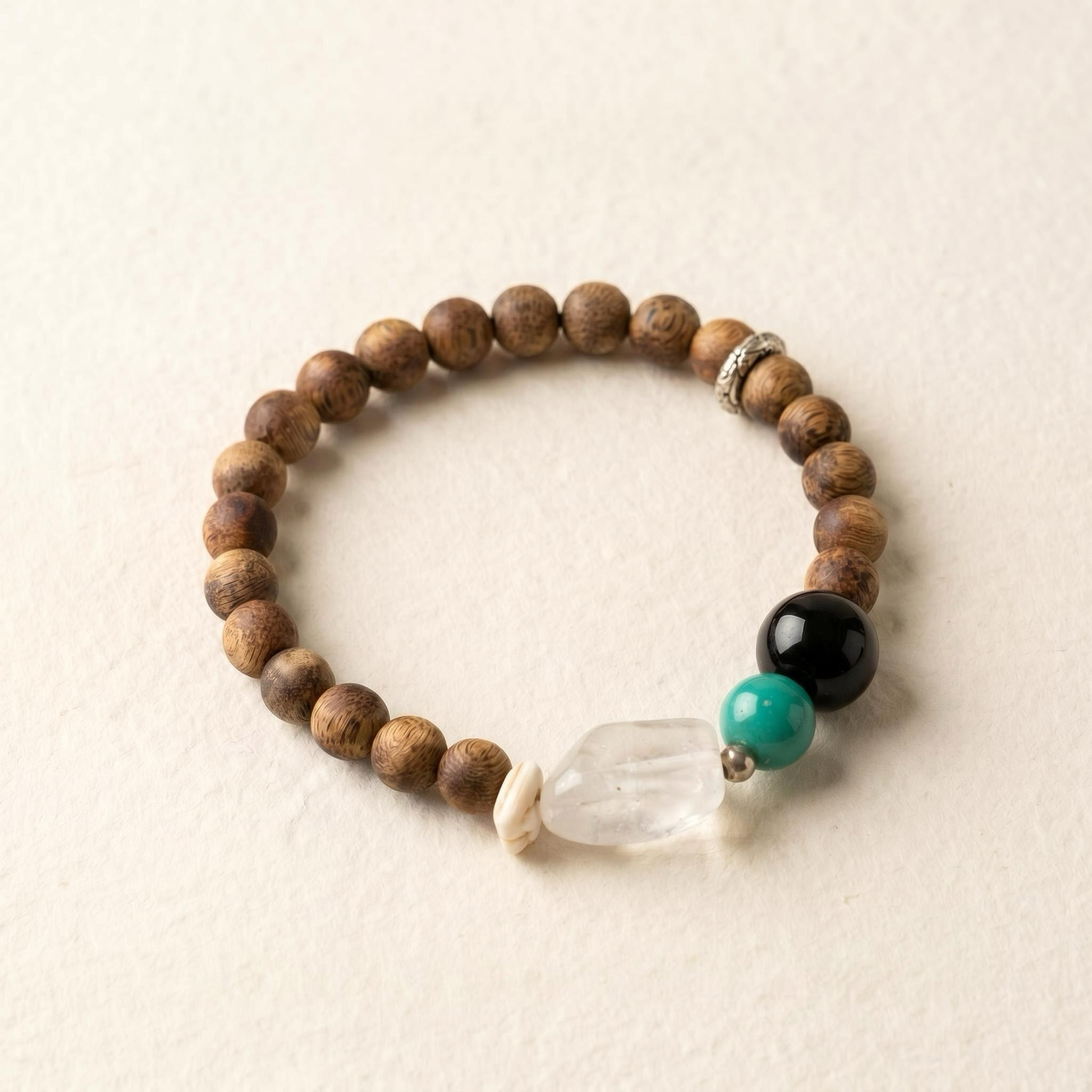 Natural Agarwood Bracelet with white crystal, black agate and blue chalcedony